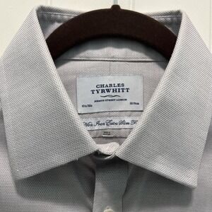 Charles Tyrwhitt Non Iron Extra Slim FitDress Shirt 15.5/36 Grey White Geometric